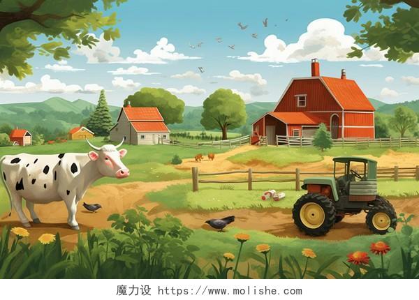 插画农场里有一头牛和拖拉机卡通AI插画